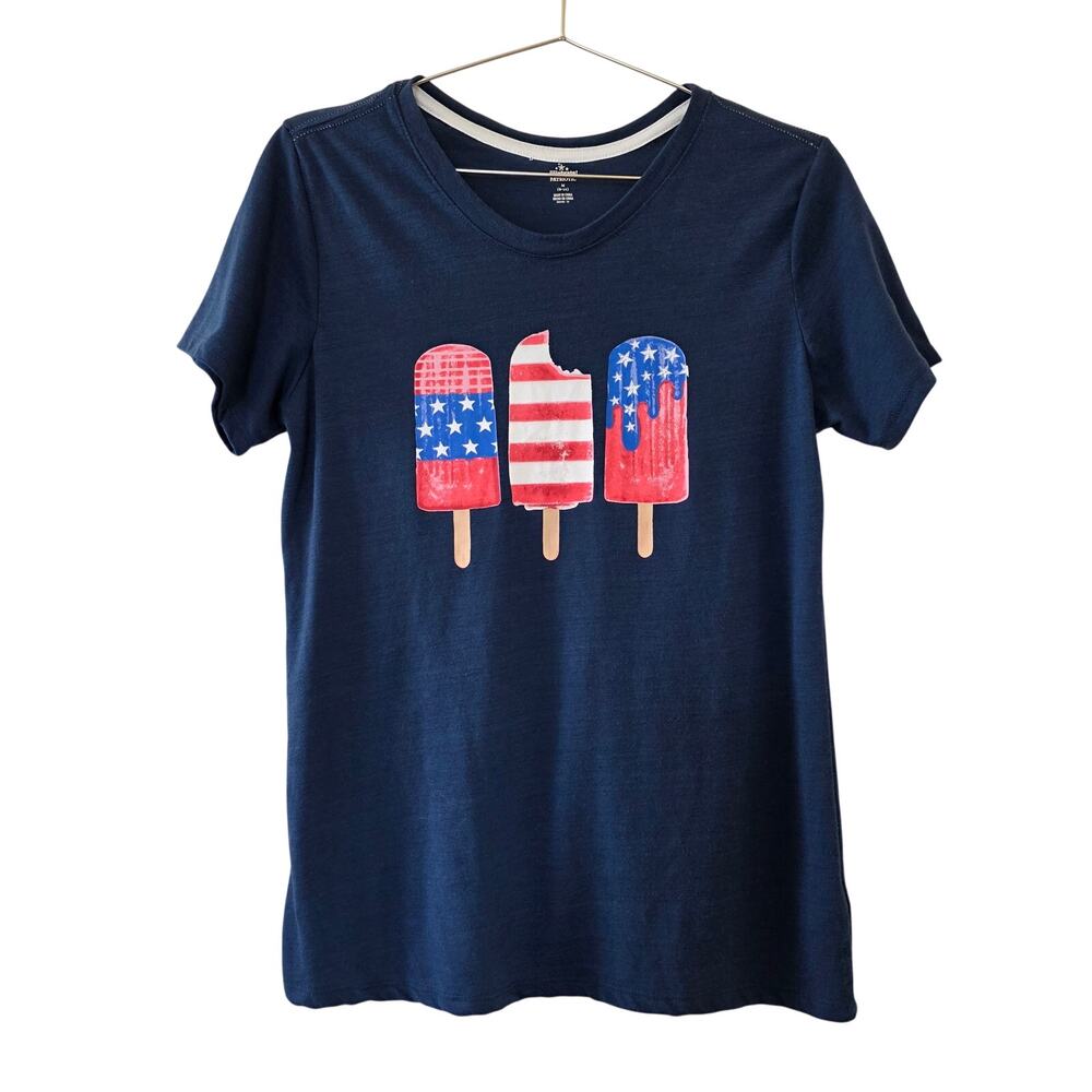 Way to Celebrate Patriotic Graphic Tee Womens Size M Navy Blue Short Sleeve